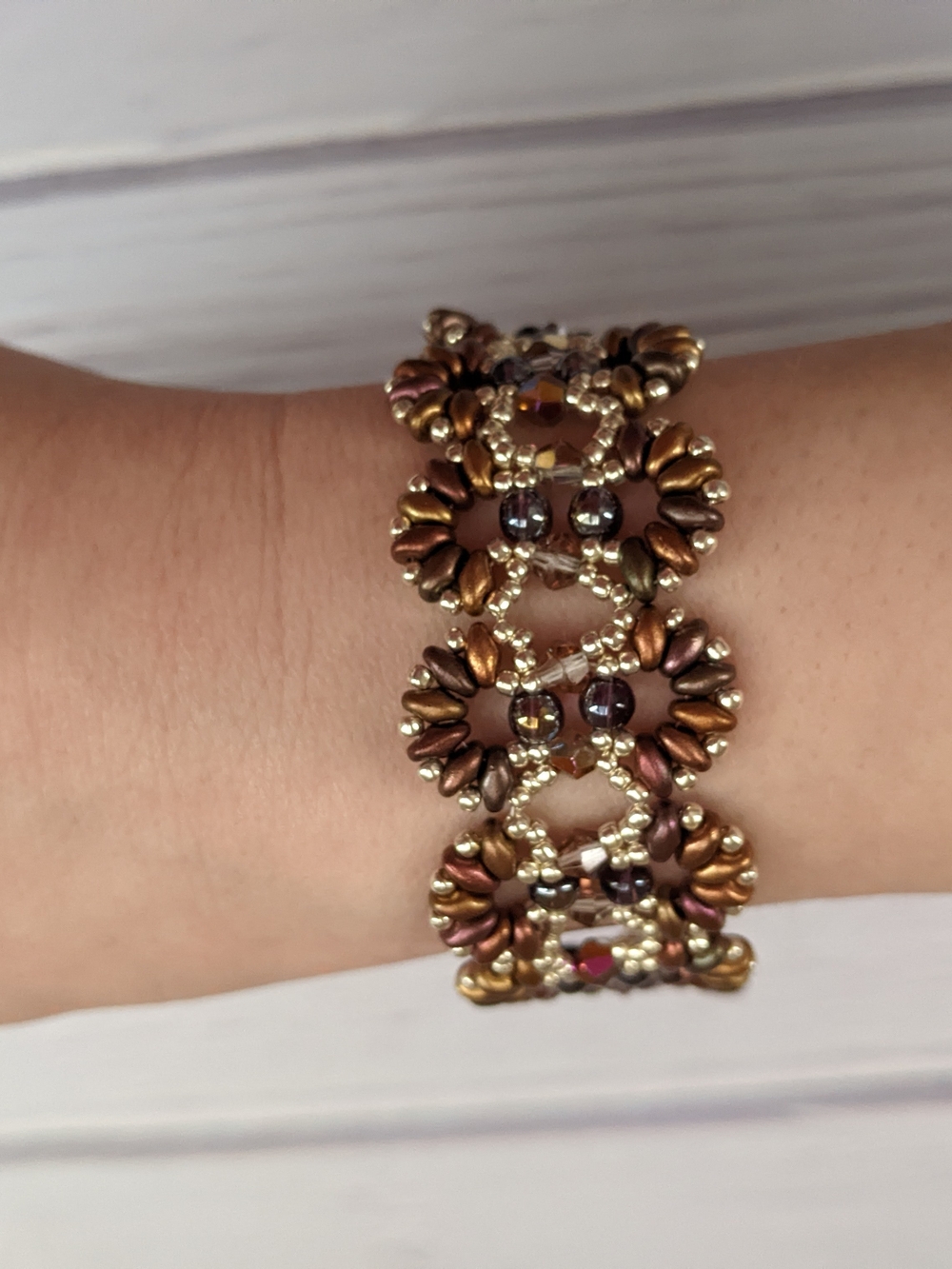 Handwoven Gold and Bronze Floral Beaded Bracelet